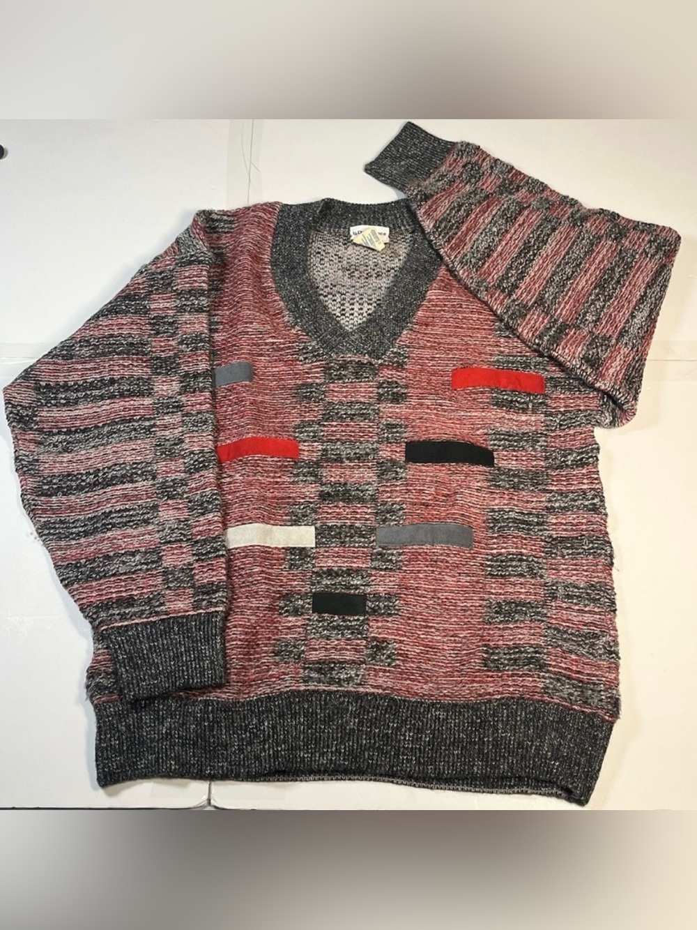 Vtg La Différence Mens 4 Wool V-Neck Sweater Laine Alpaca Mohair Blend Red Black